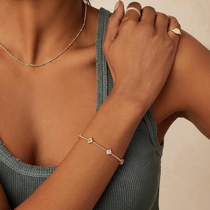 Gold Bracelets for Women,14K Dainty Gold Plated Bracelets Non Tarnish Waterproof Diamond Bracelets Heart Flower Round Square CZ Charm Bracelet Trendy Stuff Jewelry Gifts for Her