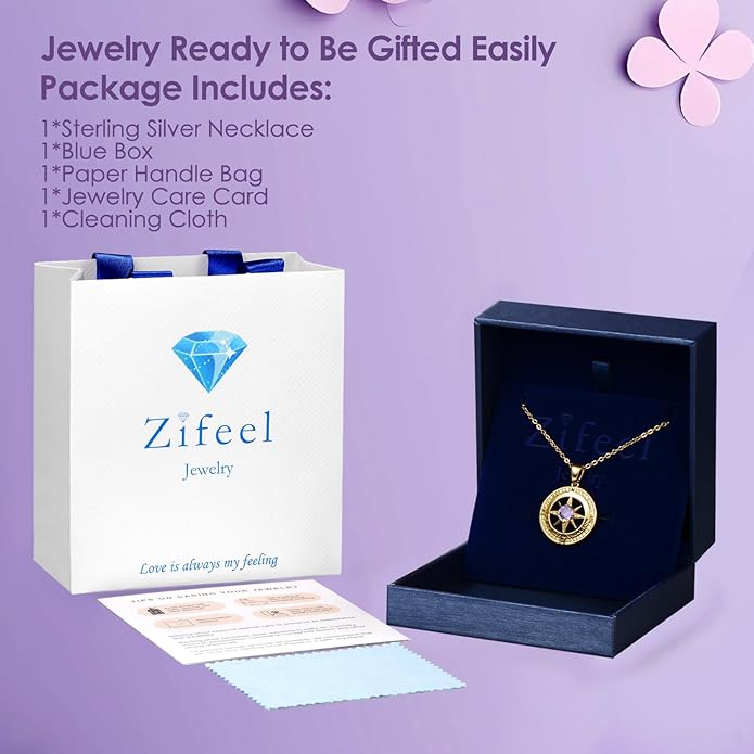 Zifeel Compass Necklace Gifts for Women wife - S925 Sterling Silver Birthstone Necklaces for Women - Anniversary Birthday Gifts for Her Wife Girlfriend - Valentines Mom Mothers Day Christmas Gifts Jewelry for Women