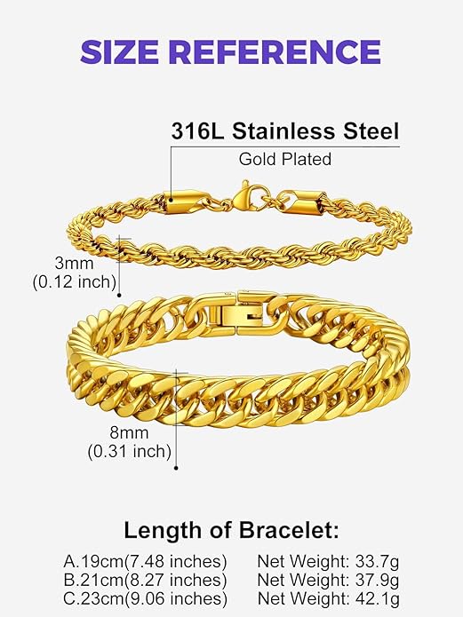 Richsteel 2PCS/3PCS Bracelets Chain for Men Women Stainless Steel Silver/Gold/Black Cuban/Rope Link Chain Bracelets Set, 7.4/8.2/9 Inch Hand Chain Length for Men Women Jewelry