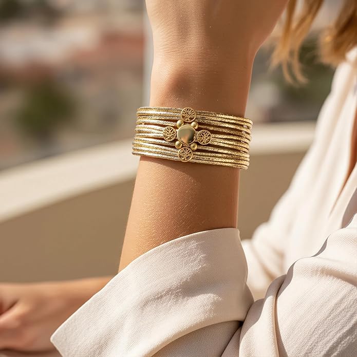 Edoneery Leather Wrap Bracelet for Women, Boho Handmade Multi-Layer Cuff with Crystal Beads Heart, Stackable Bangle Western Jewelry Gift