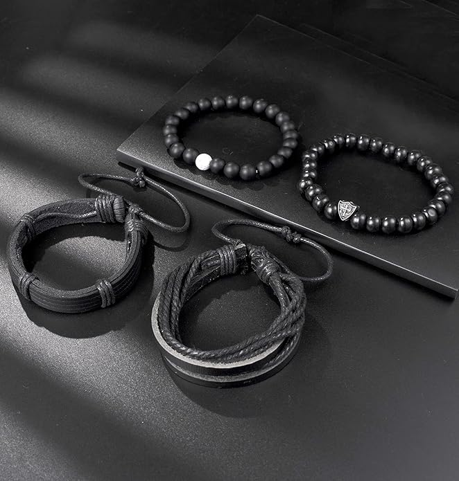 Tornito 15Pcs Braided Leather Bracelet Boho Cuff Wrap String Wood Bead Woven Ethnic Stretch Wristbands Bracelets Set for Men Women Size Adjustable