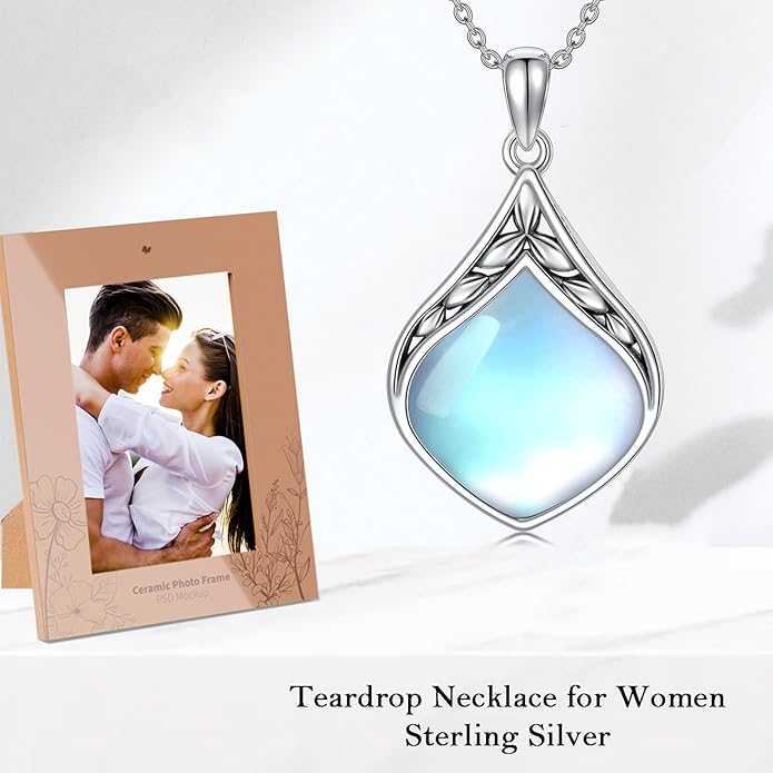 Teardrop Necklace 925 Sterling Silver Vintage Natural Gemstone Pendant Jewelry Birthday Christmas Gifts for Women Mom