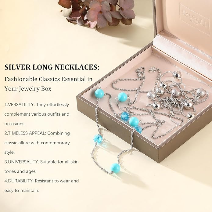 Silver Layered Long Necklace for Women Pearl Crystal Sweater Strand Chain Necklaces Fashion Gifts