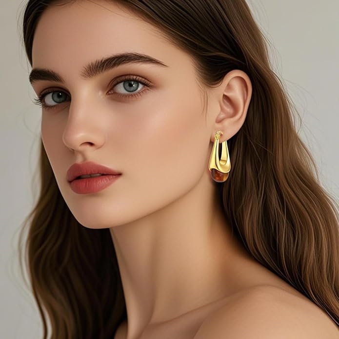 Vintage Gold Hoops Earrings for Women,Brown White Blue Pink Chunky Dangle Drop Jewelry with Resin Gemstones, Trendy Statement Earrings for Beach,Party, Vintage Gift for Travel Maximalist Jewelry