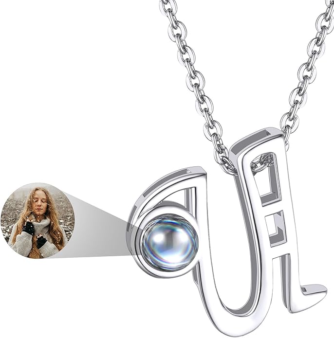 Custom4U Personalized Initial Picture Necklace for Women, Projection Necklace with Picture Inside, Gold/Silver Letter Pendant Necklace, Custom Photo Gifts for Mom Wife Birthday Valentines