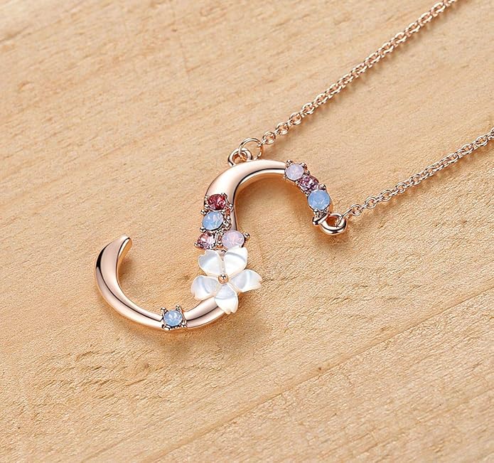 Flower Initial Letter Necklace Pink Red Blue Simulated Pearl Pendant Name Jewelry Made with Austrian Crystals Rose Gold Plated Anniversary Birthday Gifts for Women,18"+2"