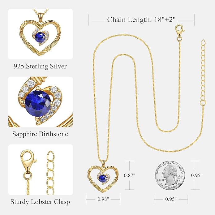 G&GEMSJEW 18K Gold Heart Birthstone Necklaces for Women, S925 Sterling Silver Jewelry Birthday Gifts for Women Wife Girlfriend Mom, Anniversary Christmas Valentines Gifts