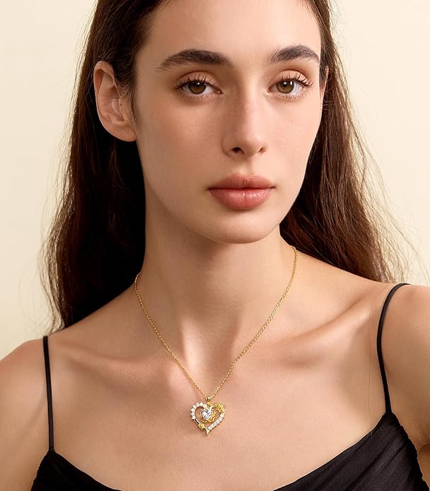Beam & Bask Rose Flower Love Heart Necklace for Wife, 2-3 Carat Moissanite Women's Pendant, Sterling Silver Plated with 18K Gold, Anniversary Birthday Wedding Jewelry for Girlfriend Soulmate Her