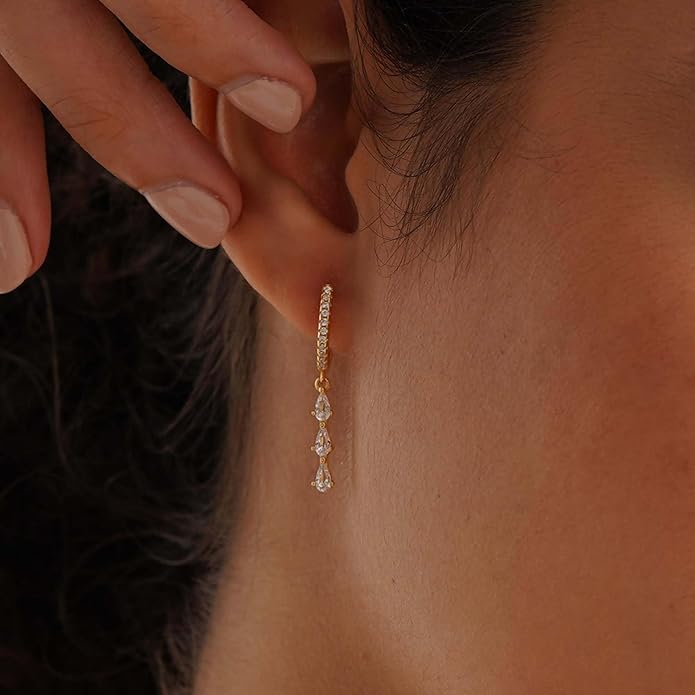 14K Gold Plated Dangle Earrings for Women - Dainty, Trendy, Hypoallergenic CZ Drop Earrings - Simple Long Dangling Jewelry