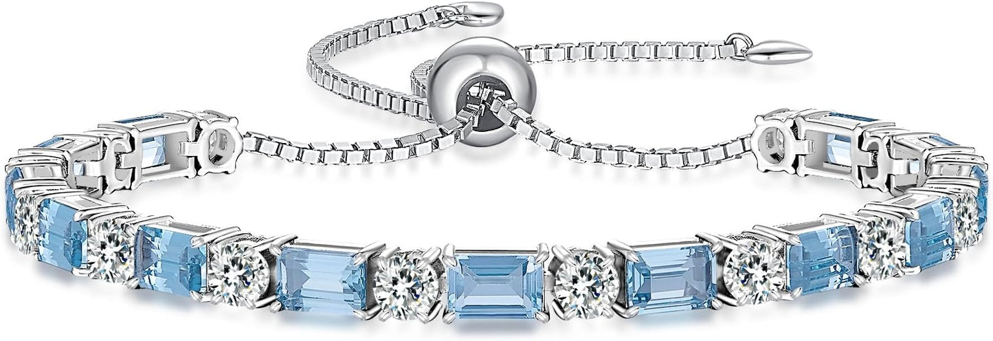 Birthstone Tennis Bracelets for Women White Gold Sterling Silver Gemstone Bracelets Adjustable Chain 6-9 Inchs Jewelry Anniversary Birthday Gifts for Women Mom Wife Her