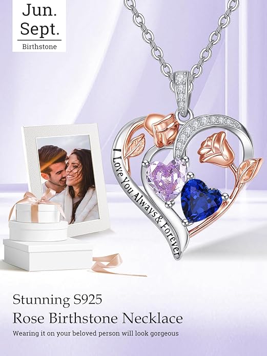 Zeuslia Double Birthstone Necklace Gifts for Wife - 925 Sterling Silver Sunflower/Rose/Crown Cross/Compass/Heart Pendant I Love You Necklace, Anniversary Birthday Gifts for Wife Girlfriend Mom Her