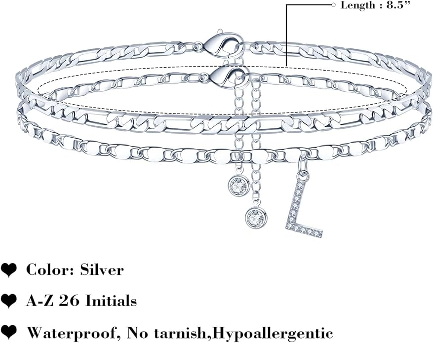Ursteel Ankle Bracelets for Women, 14K-Gold-Plated Dainty Layered Chain CZ Initial Anklets Set Summer Jewelry Gifts for Women