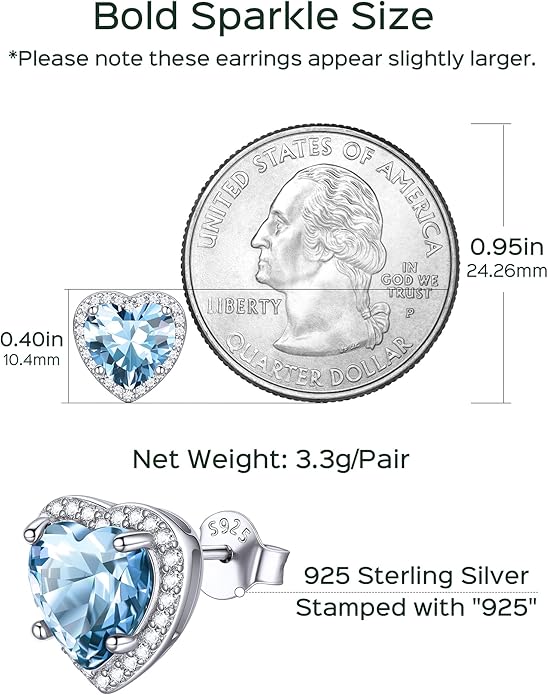 ChicSilver 925 Sterling Silver Birthstone Earrings for Women, 8MM/2 Carat Heart & Round Cubic Zirconia Stud Earrings, Hypoallergenic Jewelry, Ideal Birthday or Christmas Gifts