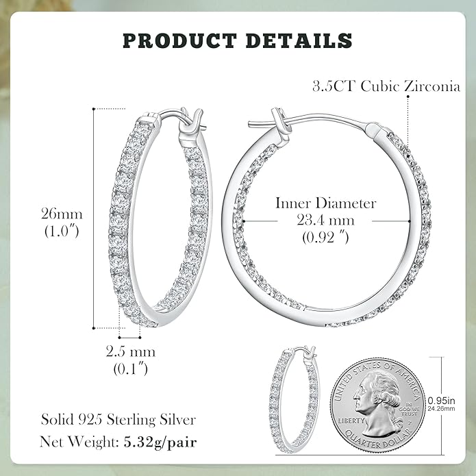 Yellow Gold Plated/925 Sterling Silver Sparkle Cubic Zirconia Hoop Earrings for Women fit Sensitive Ears 14mm/20mm/26mm Huggie/Medium/Large Hoops(with Gift Box)