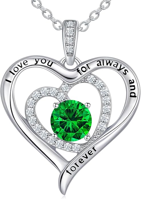 S925 Sterling Silver Necklace for Women, Christams Gift for Women, Love Heart Birthstone Necklaces for Women, Wife Jewelry, Mom Birthday Valentines Mothers Day Gifts, Girlfriend Necklaces, Daughter Heart Jewel, Anniversary for Her