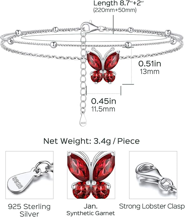 ChicSilver 925 Sterling Silver Anklets for Women Waterproof, Sparkling Birthstone Ankle Bracelets for Women, Adjustable Layered Butterfly Anklet Summer Beach Jewelry