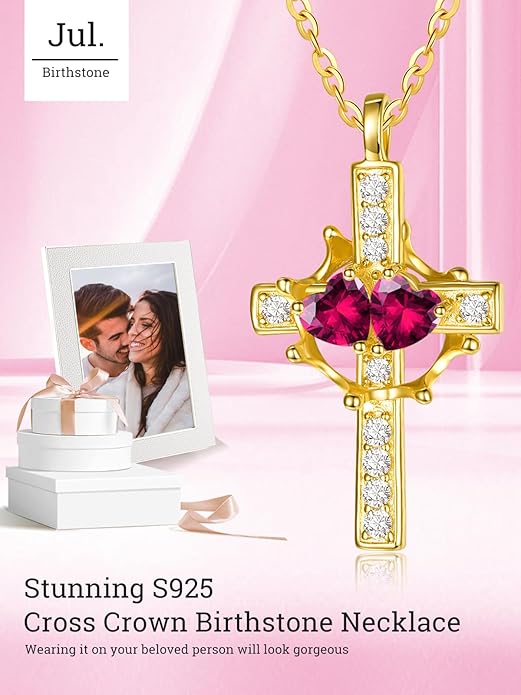 Zeuslia Double Birthstone Necklace Gifts for Wife - 925 Sterling Silver Sunflower/Rose/Crown Cross/Compass/Heart Pendant I Love You Necklace, Anniversary Birthday Gifts for Wife Girlfriend Mom Her