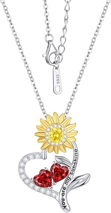 PERJI Valentine's Day Gifts for Women - 925 Sterling Silver Double Birthstone Sunflower Necklace, Anniversary Birthday Jewelry You are My Sunshine Gifts for Wife Couple Girlfriend 18"+2" Non Tarnish