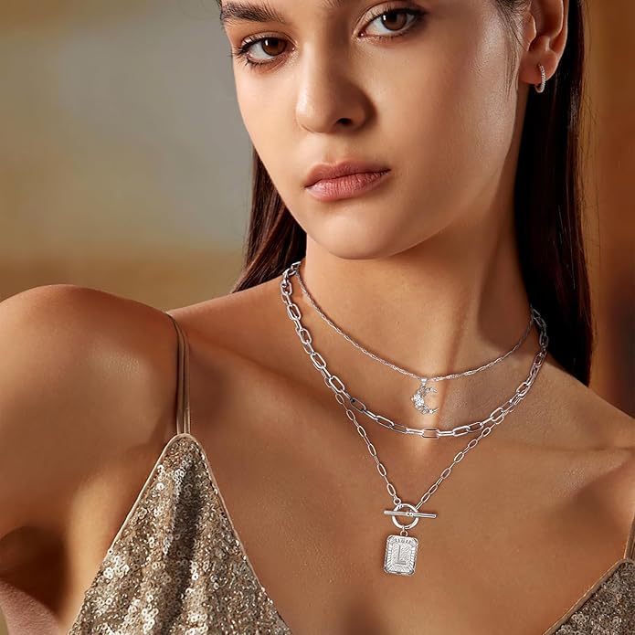 MJartoria Layered Initial Necklaces for Women Trendy, 14K Gold Plated Brass Simple Moon Choker Square Letter Pendant Necklace, Paperclip Chain Necklaces Jewelry Gifts