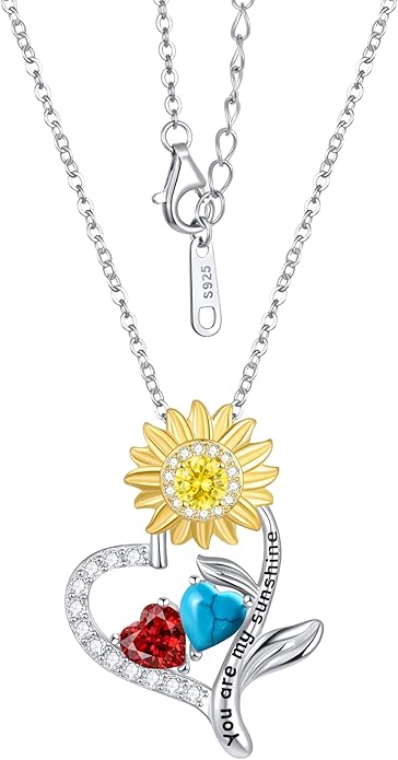PERJI Valentine's Day Gifts for Women - 925 Sterling Silver Double Birthstone Sunflower Necklace, Anniversary Birthday Jewelry You are My Sunshine Gifts for Wife Couple Girlfriend 18"+2" Non Tarnish