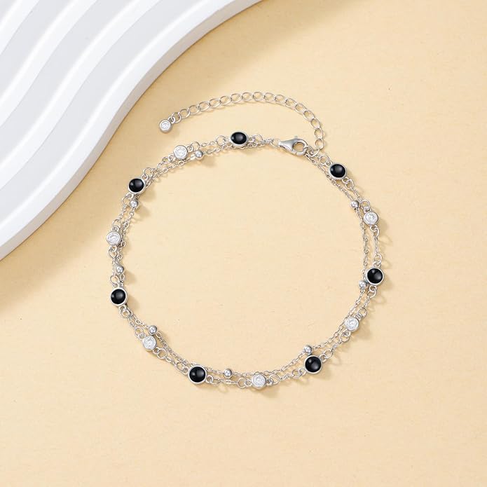 Anklets for Women 925 Sterling Silver Natural Stone Layered Anklet Beach Summer Fine Jewelry Birthday Christmas Gifts for Women Her Mom