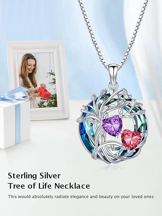 TOUPOP s925 Sterling Silver Family Celtic Tree of Life Pendant Necklaces with 2 Heart Birthstone with Blue Austrian Crystal Jewelry Birthday Anniversary Christmas Gifts for Her Wife Girlfriend Mom (18K Real White Gold Filled)