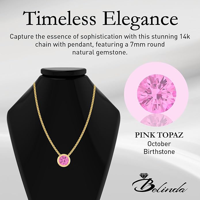 14K Gold Necklace for Women - 7mm Round Natural Gemstone Pendant with 18" Gold Chain - Trendy Birthstone Statement Fine Jewelry - Yellow Gold, Elegant Women's Accessories