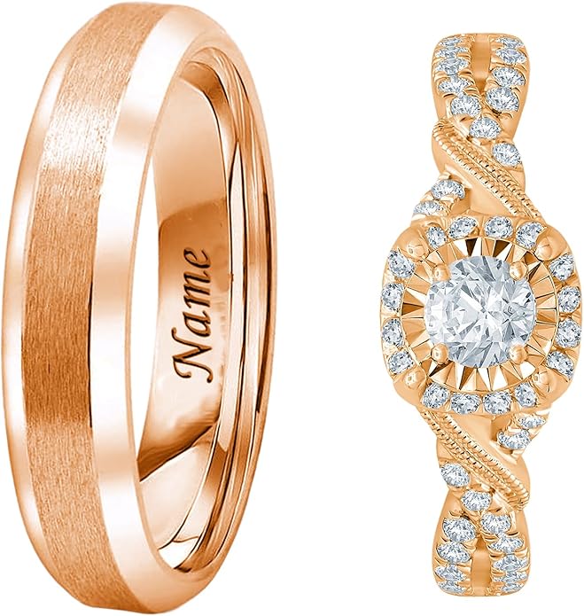 Rikelus Moissanite Engagement Ring Sets for Couples,10K 14K 18K Solid Gold Heart/Princess/Round Cut Bridal Ring Sets,Customized Matching Wedding Bands Set for Men and Women Free Engraving