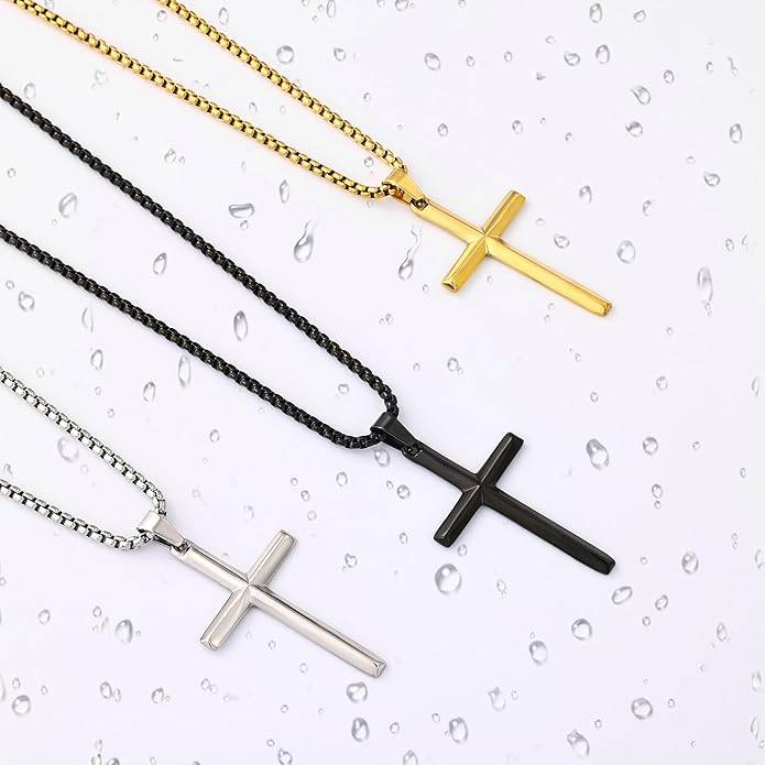 Fiusem Beveled Edge Cross Necklace for Men, Silver Tone/Black/14K Gold Plated Mens Cross Necklace, 2.5MM Stainless Steel Box Chain with Pendant