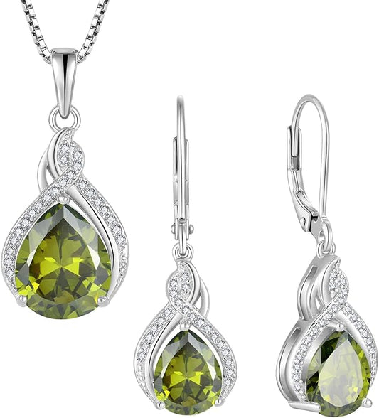 Infinity Teardrop Jewelry Set for Women Peridot Necklace & Earrings August Birthstone Jewelry