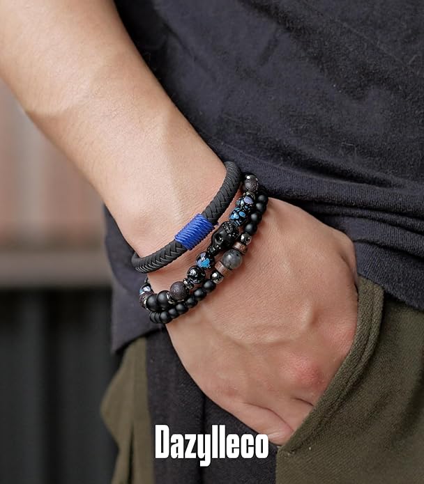 3pc Mens Beaded Bracelets Silver Stainless Steel Chain Bracelet for Men Handmade Braided Bracelet Sets Jewelry Gifts for Men