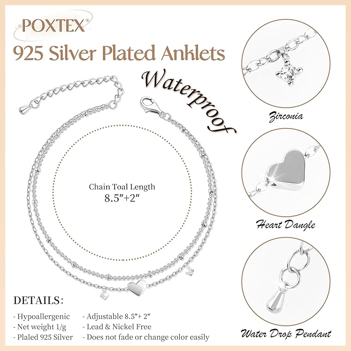 Sterling Silver Anklet Bracelets for Women Waterproof, 925 Sliver Plated CZ & Heart Charm Dainty Layer Anklets for Women Trendy, Simple Chain Anklets Set Gifts for Women, Jewelry Gifts for Her Women Mom Wife Girlfriend