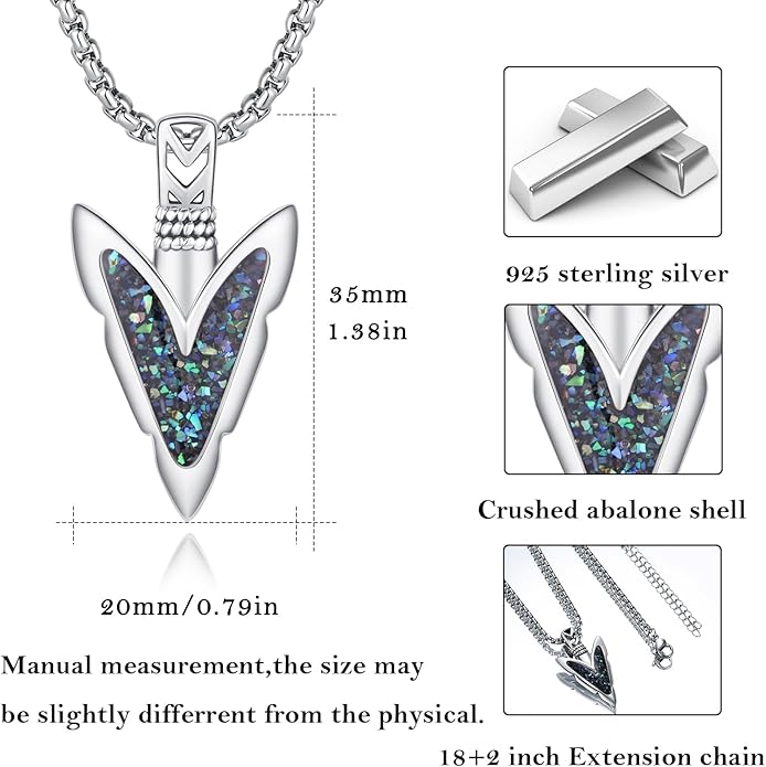 PCTJYFU Arrowhead Necklace 925 Sterling Silver for Women Men Pendant with Blue Opal/Abalone Shell/Turquoise Black Gold Plating Protective Symbol Jewelry Adjustable Chain Gift for Him Her