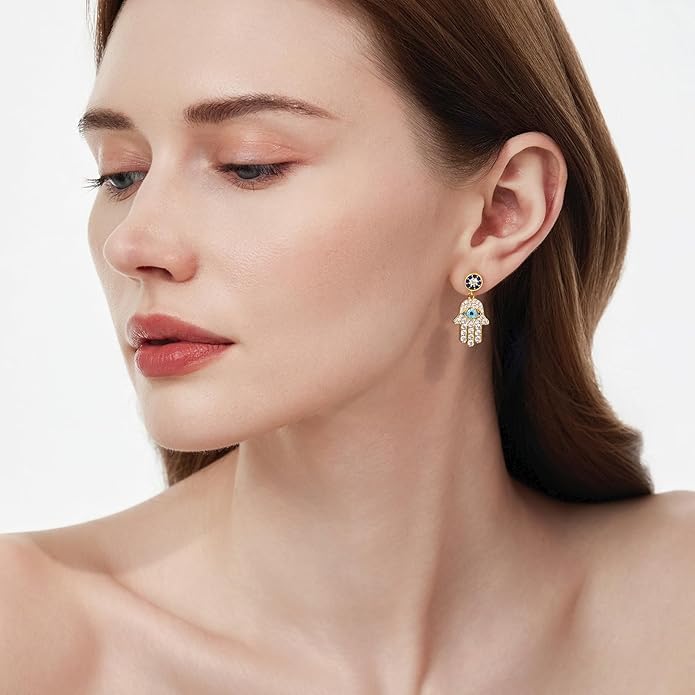 Cicy Bell Womens Evil Eyes 18k Gold Plated Dangle Earrings Hamsa Hand Turquoise Cubic Zirconia Elegant Drop Earrings Trendy Jewelry Gifts for Lover Mom Friends