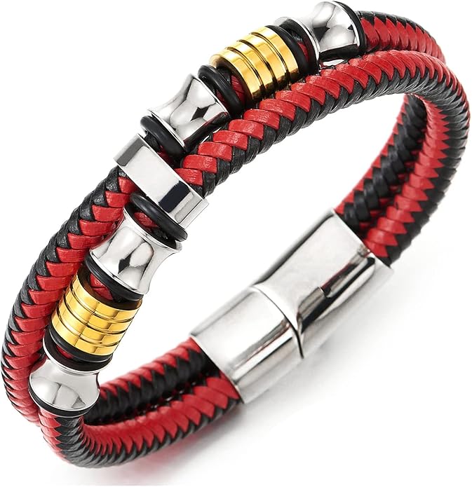 COOLSTEELANDBEYOND Mens Double-Row Braided Leather Bracelet Bangle Wristband with Stainless Steel Ornaments