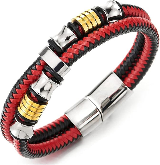 COOLSTEELANDBEYOND Mens Double-Row Braided Leather Bracelet Bangle Wristband with Stainless Steel Ornaments