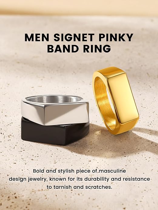 Bestyle Stainless Steel Signet Ring for Men Women in Gold/Black/Silver/Vintage Gray Tone, Chunky Thick Heavy Dome Band Ring Cool Finger Ring, Gift for Dad Husband, Size 7-14 Customizable