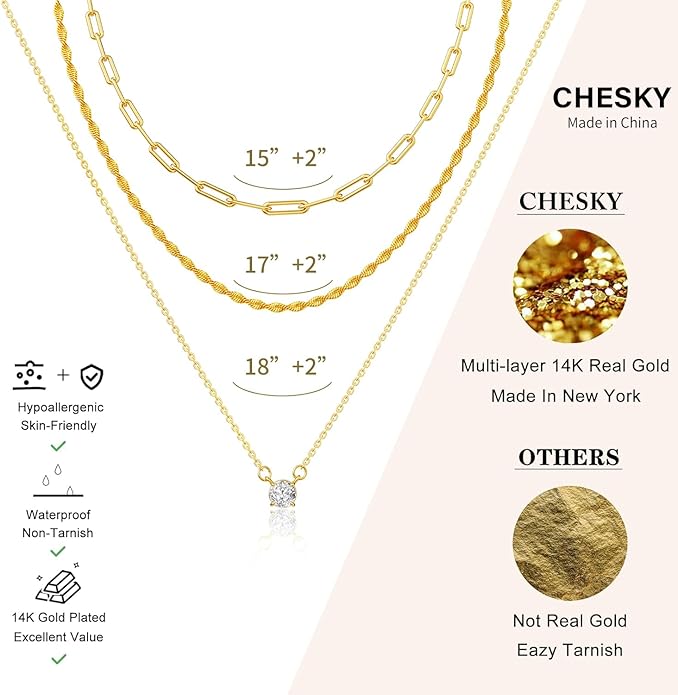 CHESKY 14K Gold Plated Layered Necklaces for Women,Dainty Gold/Silver Plated Chain Necklace CZ Pendant Necklace Adjustable Layering Choker Necklace jewelry Gifts