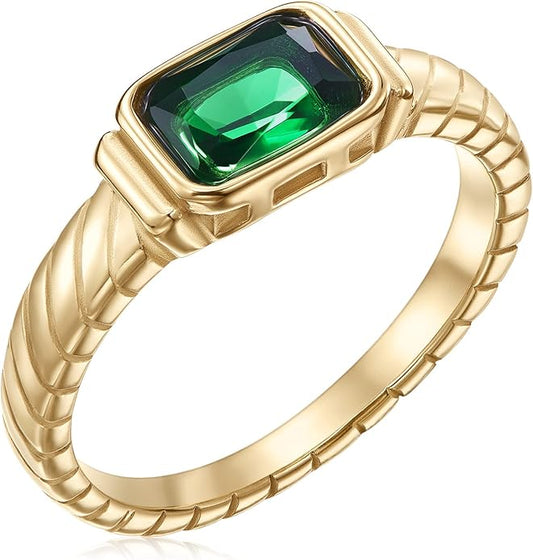 Gold Emerald Rings Gold Rings for Women Dainty Green Rings Cut Emerald Gemstones CZ Non Tarnish Gold Rings 14K Gold Plated Rings for Women Band Size 6/7/8/9