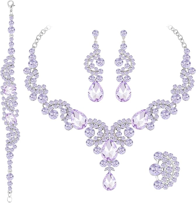 Paxuan Crystal Bridal Wedding Jewelry Sets for Women Rhinestone Teardrop Crystal Statement Choker Necklace Drop Earrings Link Bracelets Rings Teardrop Jewelry Set for Brides Bridesmaids