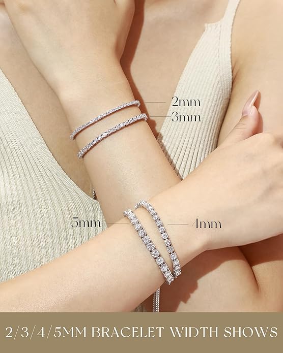 FANCIME Moissanite Tennis Bracelet 1.2ct-12ct Lab Created Moissanite Diamond Bracelets,925 Sterling Silver Adjustable Bolo Tennis Bracelets, 2/3/4/5mm D Color VVS1 Round Cut Moissanite Bracelet for Women