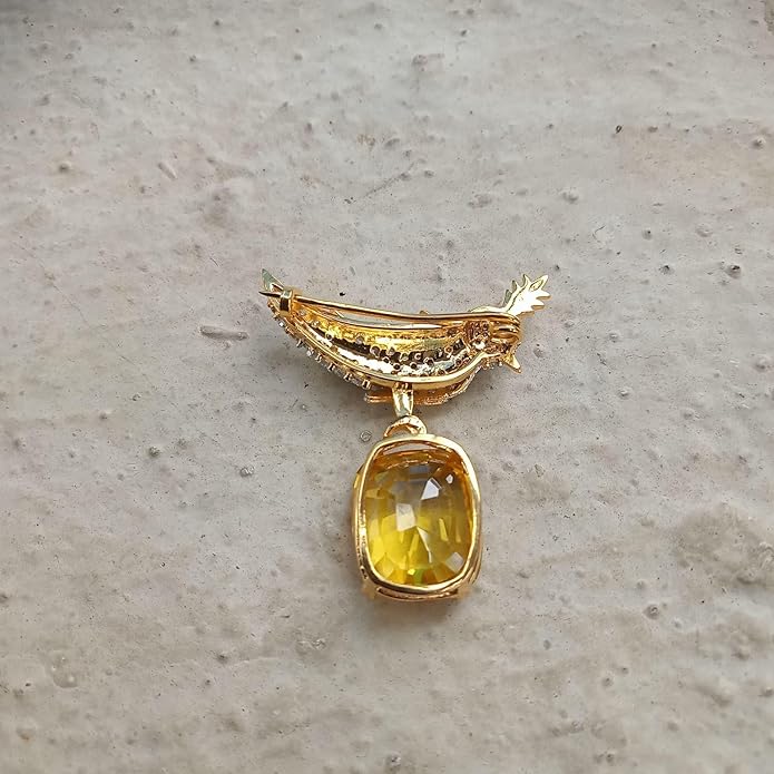 3.00 Ct Cushion Simulated Yellow Citrine & Diamond Women Bird Brooch 14K Yellow Gold Finish