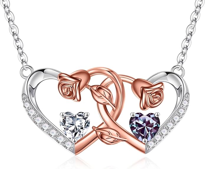 Iefil Chrismas Gifts for Wife - 925 Sterling Silver Rose Birthstone Necklace, Stocking Stuffers for Women Wife Girlfriend Mom