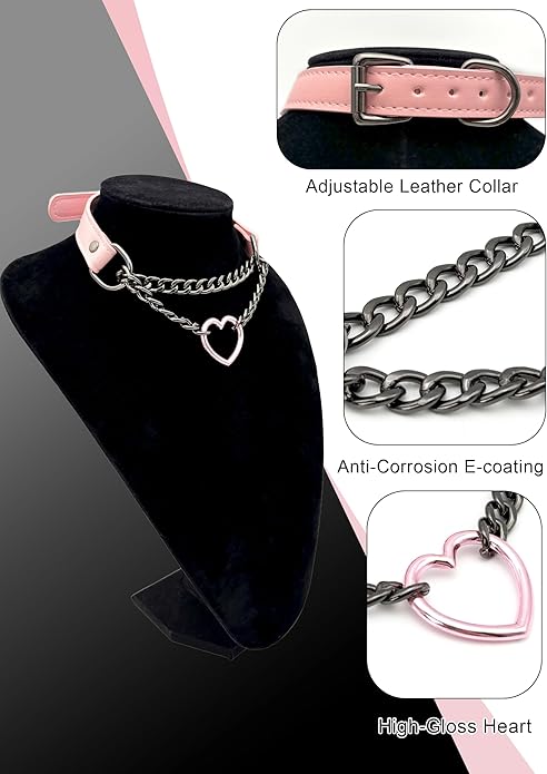 Black Leather Choker Collar For Women, Handmade Heart Slip Chain Choker Long Necklace with Adjustable Buckle
