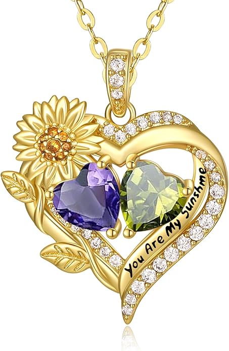 Sunflower Heart Necklace for Women 14K Gold Exquisite Anniversary Birthday Gifts for Wife Mother Her Double Birthstone Pendant jewelry‘You Are My Sunshine’