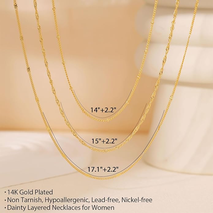 Layered Necklaces for Women, Dainty 14K Gold Plated Herringbone Chain Necklace Set Chunky Gold Necklace Stack Layering Choker Necklaces for Women Trendy Fashion Waterproof Jewelry