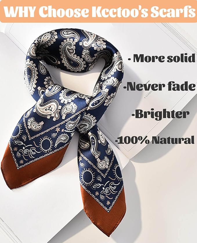 kcctoo 27.5" Mulberry Silk Feeling Head Scarf Women's Fashion Square Neck Satin Scarfs for Bag Hair Scarves Gift