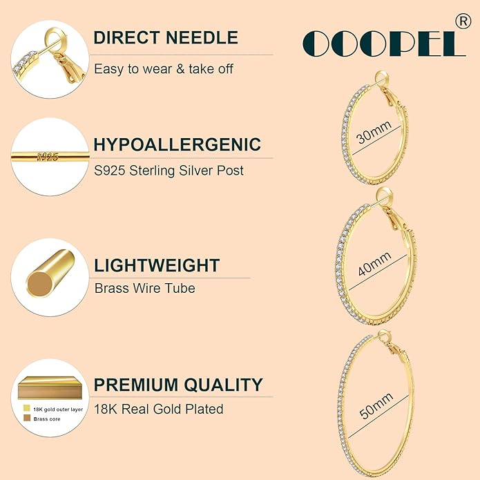 925 Sterling Silver Earrings Large Rhinestone Hoop Earrings Big Cubic Zirconia Hoop Earrings Thin Rhinestones Round Hoop Earrings for Women 20/30/40/50/60/70mm Sparkly Hoops With Crystals for Womens