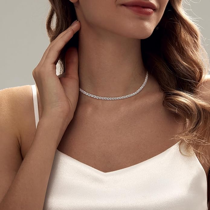 Tennis Necklace Bracelet for Women, Sterling Sliver, Dainty Chocker Necklace, Crystal Bracelet for Women, Wedding Jewelry for Bride, Sparkly Party Prom Hypoallergenic