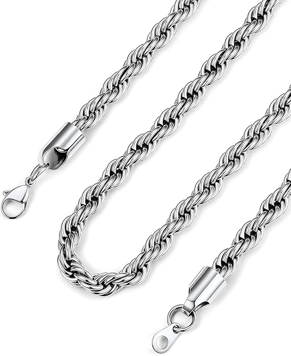 Bandmax Solid 1.5mm/2mm/3mm/6mm Rope Chains for Men Women 14K Gold Plated/Black Plated Stainless Steel Twist Chain 16-30 Inches, with Gift Box